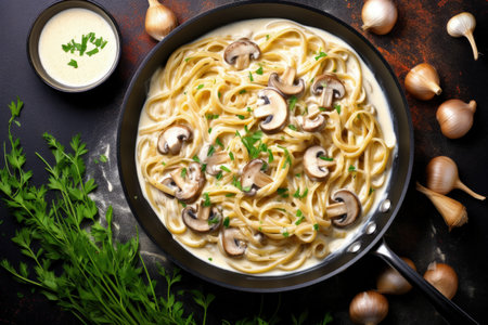 Homemade Italian mushroom spaghetti pasta on rustic background top viewの素材