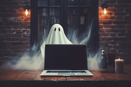 Laptop with blank screen and ghost holding boo over brick office wall Halloween themeの素材