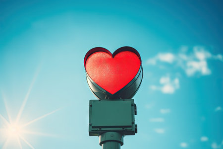 Heart shaped red signal on traffic light under blue skyの素材