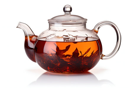 Isolated white background teapot filled with black tea viewed from the sideの素材