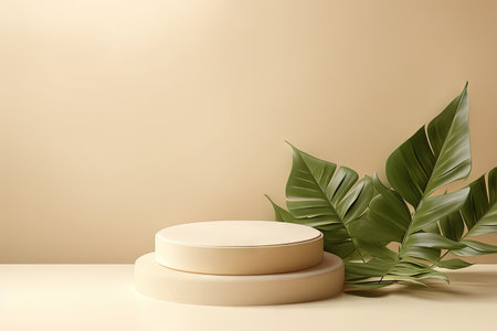 Leafy podium for showcasing cosmetics on a beige monochrome background ideal for branding and packagの素材