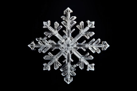 Macro photo of a snowflake against a black backgroundの素材