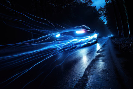 Nighttime long exposure photography captures the dazzling blue lights of a carの素材