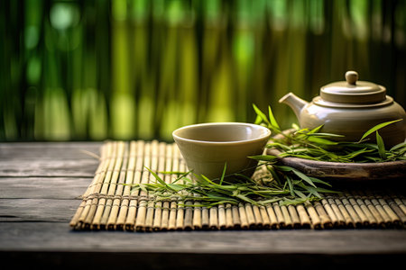Morning in a plantation with a warm cup of green tea and organic herbs on a bamboo matの素材