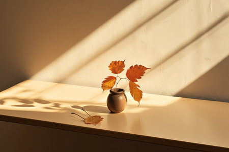 Minimalist autumn on brown table shadows on wallの素材