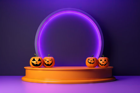 Orange podium on purple background Halloween theme with available spaceの素材