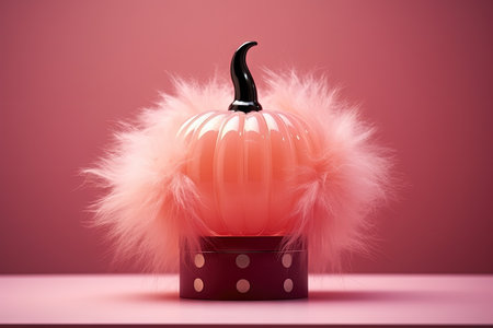 Modern Halloween display with pumpkin on glass podium and pink fur background Suitable for showcasinの素材