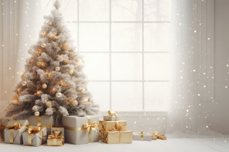 Room with space for text featuring a lovely Christmas tree and gift boxesの素材