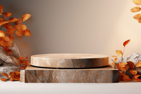 Minimalistic branding scene featuring an autumn showcase with natural stone foliage and an empty podの素材