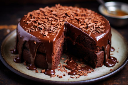 Moist chocolate cake with milk chocolate topping and cocoa dustingの素材