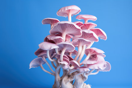 Pink oyster mushrooms on a blue surfaceの素材