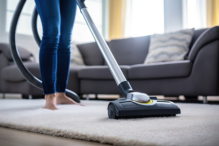 Person vacuuming carpet in close upの素材