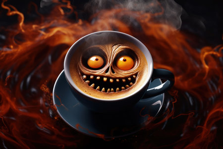 Spooky Jack s face on a coffee cup Halloween atmosphere at a partyの素材