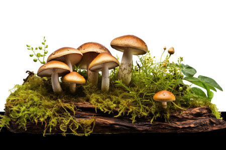 Several brown mushrooms on a mossy log isolated on whiteの素材
