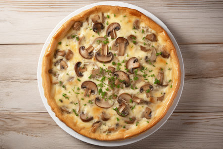 Savory tart with mushrooms and cheese on white backgroundの素材