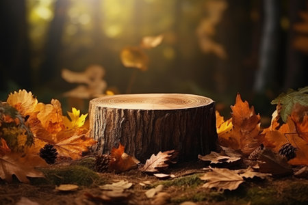 Stump in the forest with colorful foliage and falling leaves Mockup podium for product presentationの素材