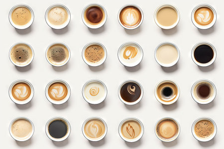 Top view of assorted coffee cups isolatedの素材