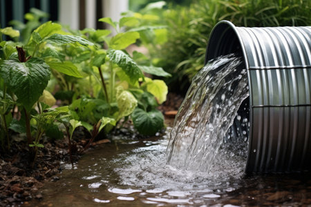 Summer rainwater runs into metal barrel via drainpipe in garden close upの素材