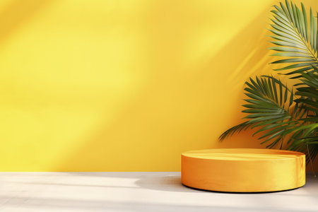 Summer backdrop with yellow podium product abstract overlay of sun light and shadow leaves kitchen cの素材