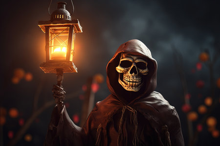 Spooky night with skeleton holding lantern on wooden bannerの素材