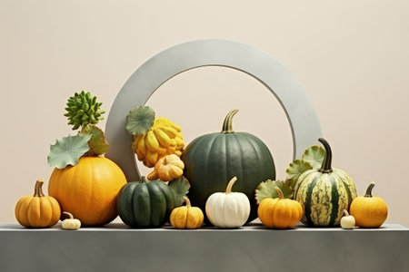 Various decorative pumpkins on geometric podium Organic idea Contemporary aesthetic Mockup with spacの素材