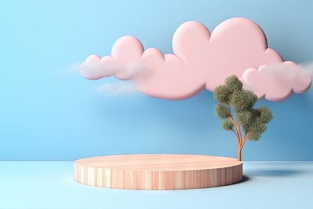 Wood podium with a blue background minimal cloud scene and summer atmosphere displaying stage producの素材