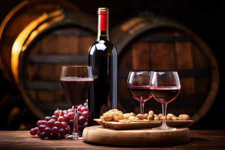 Traditional winemaking and wine tasting cellar with wooden barrel wine glasses and excellent red winの素材