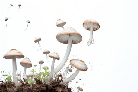 White background with levitating white mushroomsの素材