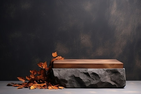 Wooden podium displaying products with dried leaves against a stone backgroundの素材