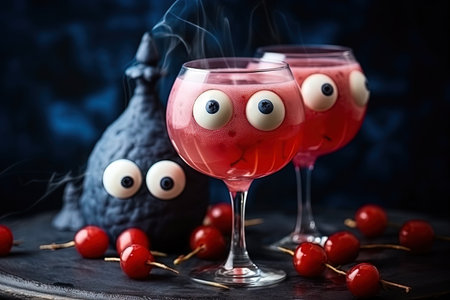Vertical Halloween cocktail featuring red bubble drink and lychee blueberry eyeballs on a decorativeの素材