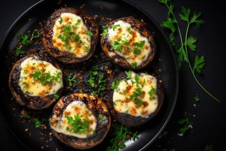 Vegetarian food Mozzarella and gorgonzola stuffed portobello mushrooms with herbs viewed from aboveの素材