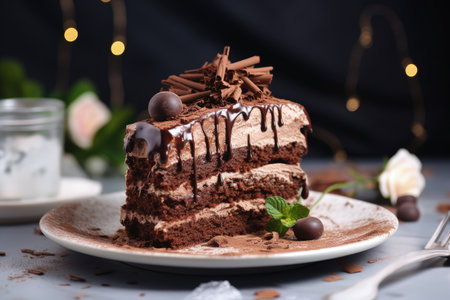 Yummy chocolate cake on table with light backdropの素材