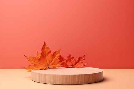 Wooden podium on orange background with autumn leaf Stage showcase for product promotion presentatioの素材