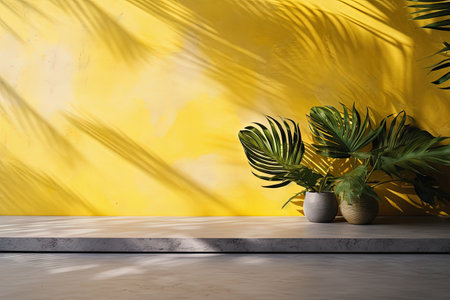 Yellow leaves create a light overlay on a cement backdrop in a studio room with a podium plantの素材