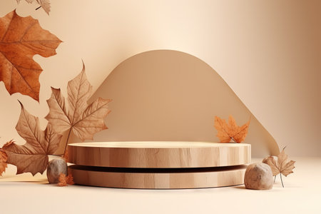 Wooden autumn podium adorned with foliage serves as a minimalist backdrop for showcasing goods and cの素材