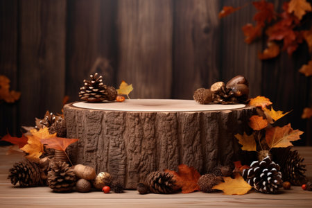 Wooden log podium on table with autumn leaves background for design and product displayの素材