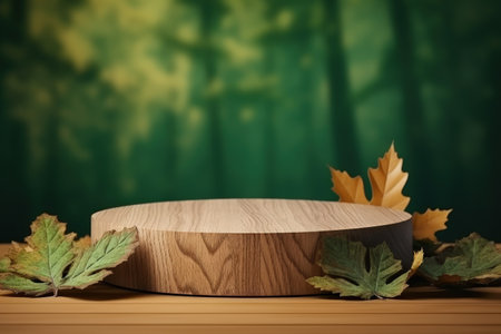 Wooden podium with autumn leaf background and green shade Ideal for showcasing beauty products cosmeの素材