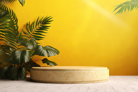 Abstract summer backdrop with yellow podium concrete kitchen counter and tropical plantsの素材