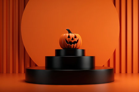 Abstract geometric 3D render of Halloween pumpkin on podium for displayの素材