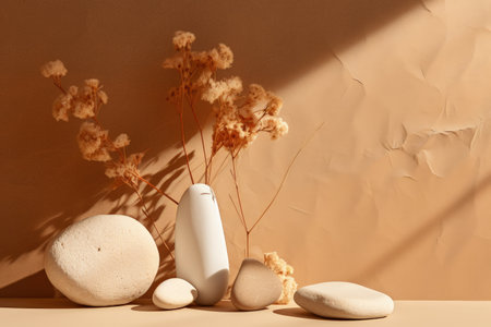 Autumn concept with sunlit shadows on white rocks against a neutral backgroundの素材