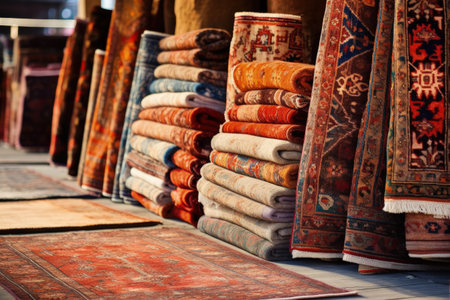 Assortment of stunning oriental carpets at a market bazaar in the Middle Eastの素材