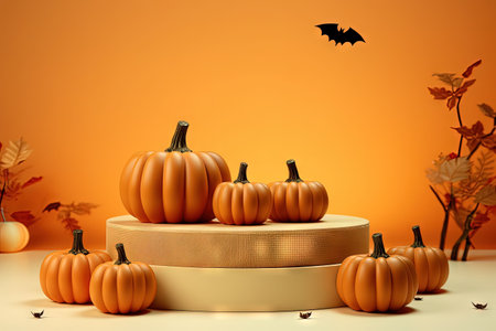 Autumn podium with pumpkins for Halloween display promoting cosmetic beauty productsの素材