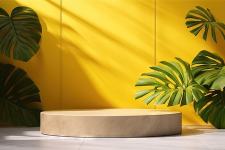 Abstract summer backdrop with yellow podium concrete kitchen counter and tropical plantsの素材