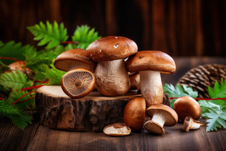 Autumn Cep Mushrooms on rustic wooden table Cooking gourmet organic mushroomの素材