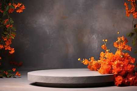 Autumn display for product presentation featuring orange flowers and leaves on a stone pedestal Spacの素材