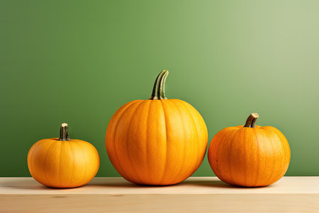 Autumn themed still life photo of three pumpkins on podiumsの素材