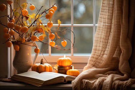 Autumn home decor with beautiful atmospheric photograph branches of orange physalis pumpkins and a cの素材