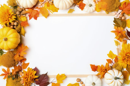 Autumn themed creative flat lay with pumpkins flowers leaves and color paper backdrop for fall harveの素材