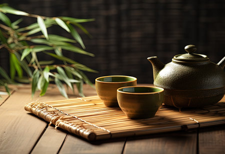 Bamboo leaves on table with kitchenwareの素材