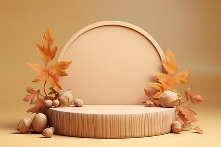 Autumn themed display made of wood and leaves Minimalistic branding setup for showcasing goods and cの素材